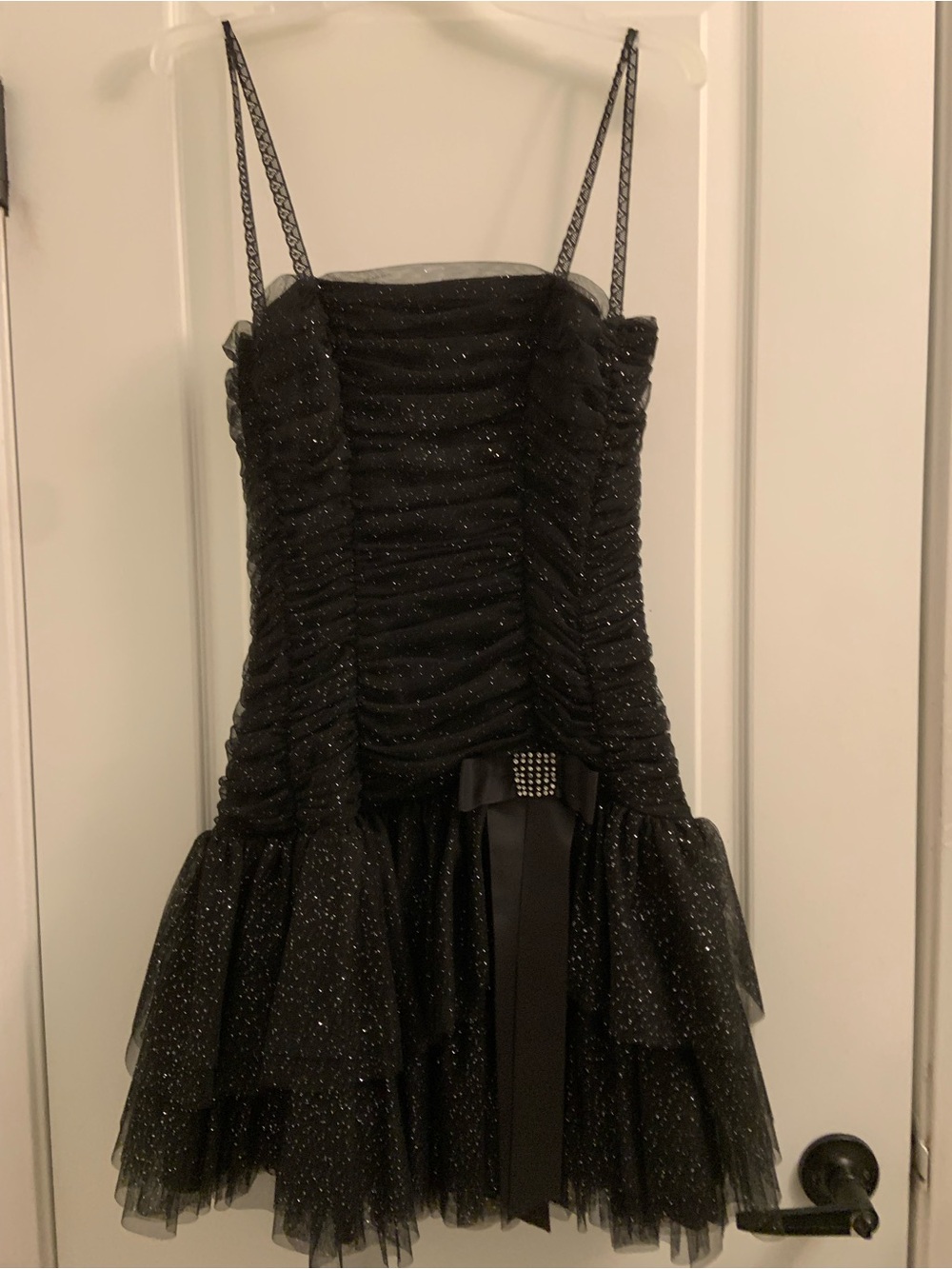 Jolie Black Sparkle Tulle Mini Dress with Bow Accent